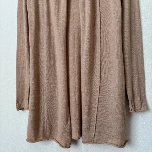 Cynthia Rowley Extrafine Merino Wool Open Front Longline Neutral Tan Cardigan - Picture 4 of 12